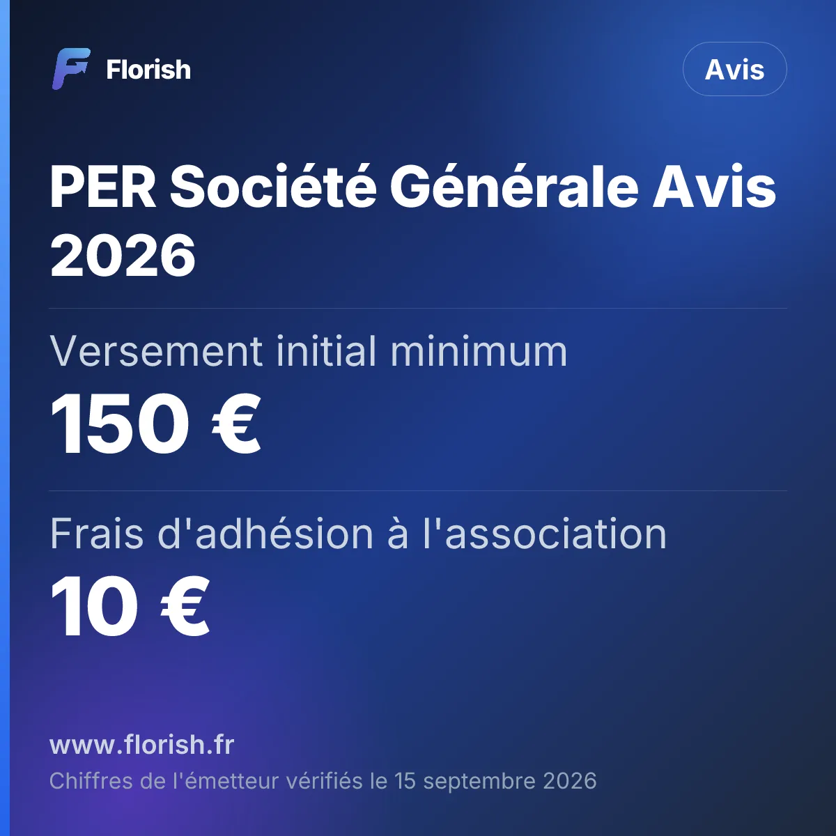 PER Société Générale Avis 2026 : Versement initial minimum 150 €, Frais d'adhésion à l'association 10 €