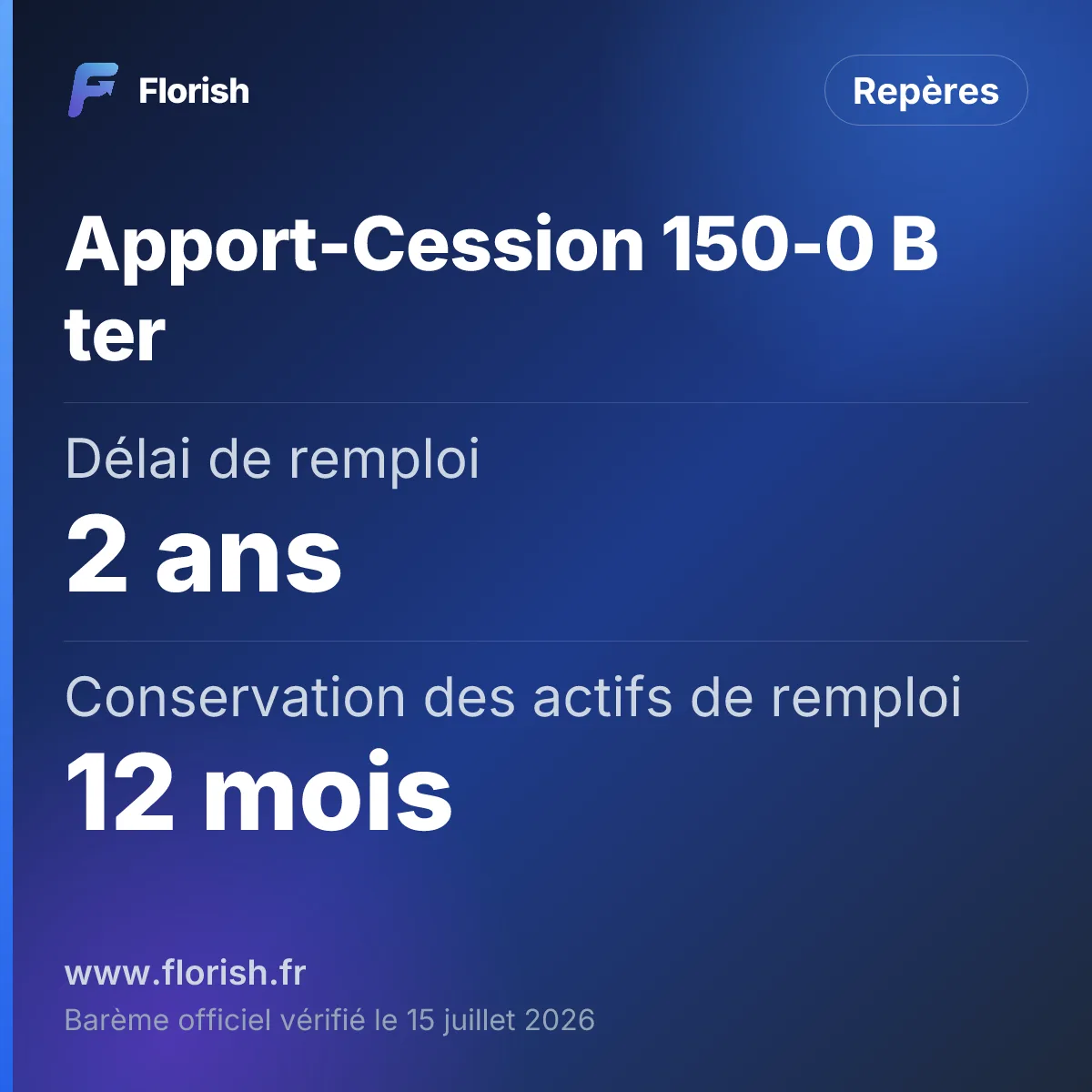 Apport-Cession 150-0 B ter : Délai de remploi 2 ans, Conservation des actifs de remploi 12 mois