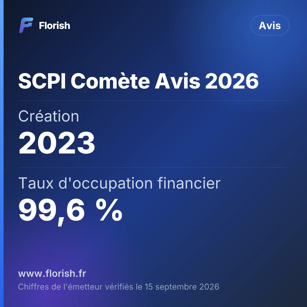 SCPI Comète Avis 2026 : Création 2023, Taux d'occupation financier 99,6 %, Endettement 0 %