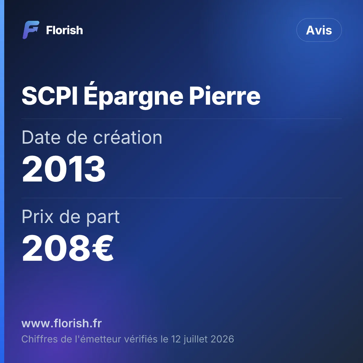 SCPI Épargne Pierre : Date de création 2013, Prix de part 208€