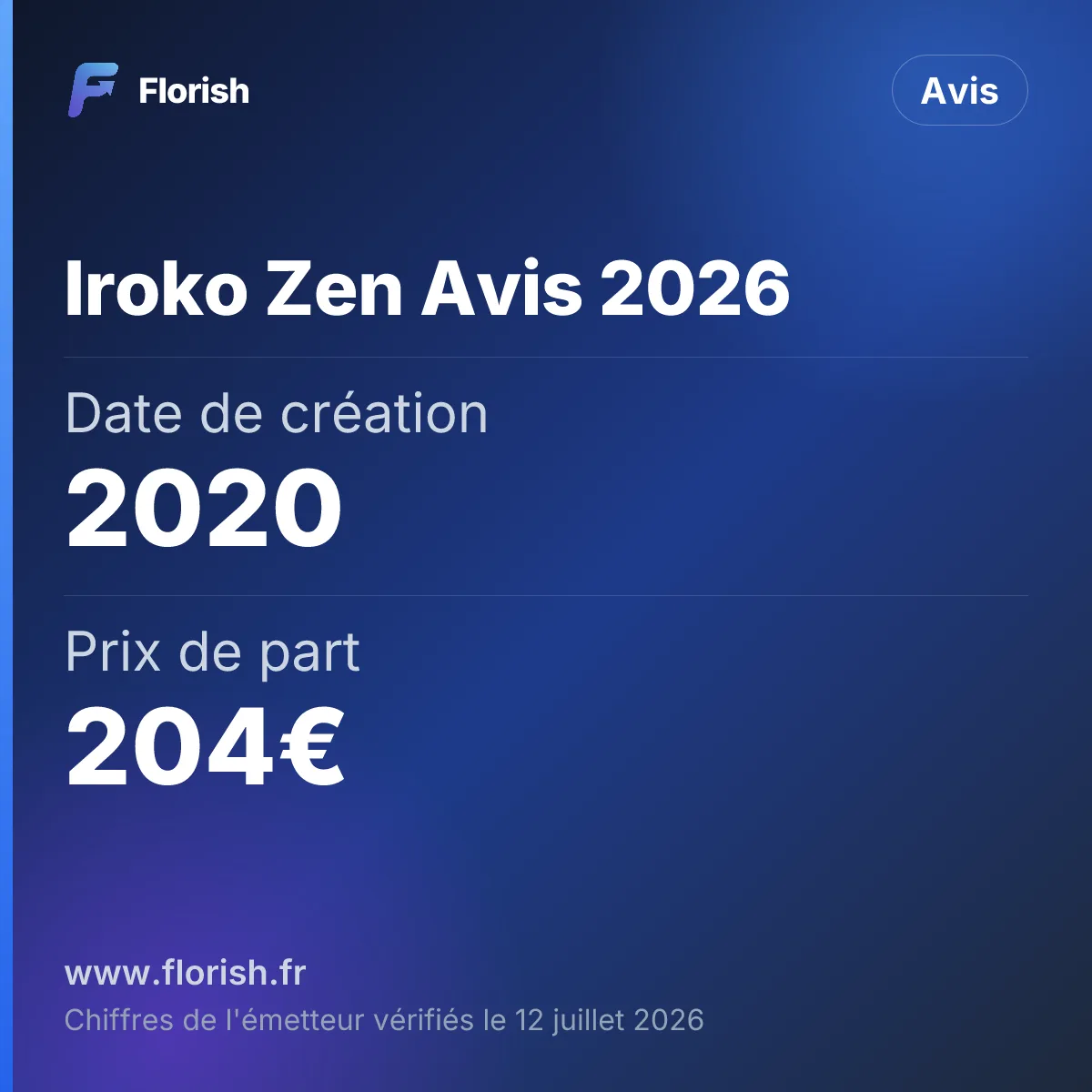 Iroko Zen Avis 2026 : Date de création 2020, Prix de part 204€, Rendement 2025 7,16%, Frais d'entrée 0%