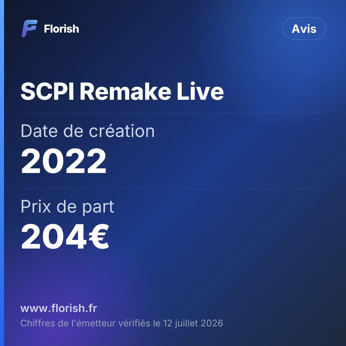 SCPI Remake Live : Date de création 2022, Prix de part 204€, Rendement 2025 7,05%, Frais d'entrée 0%